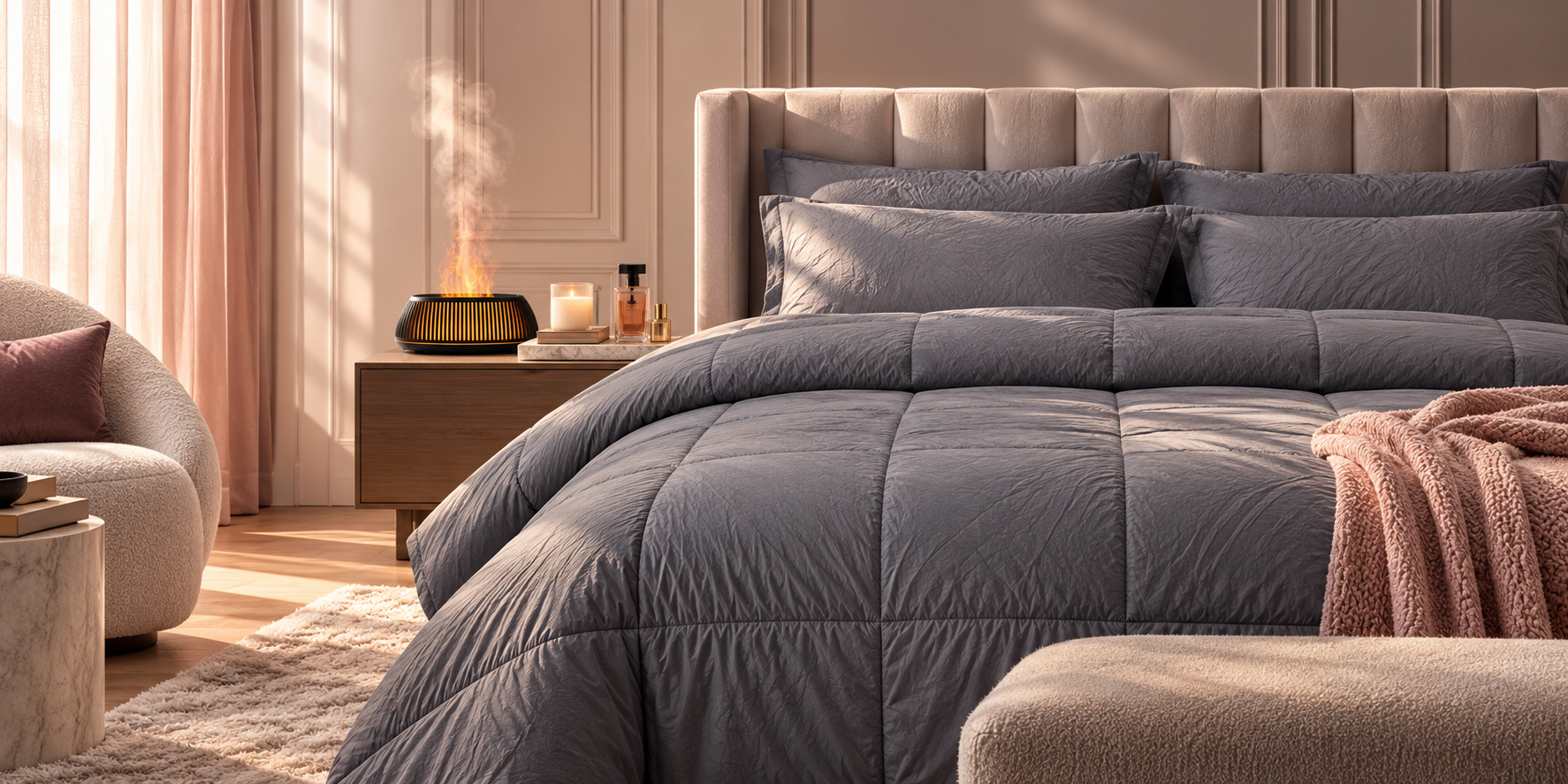 Luxurious LIORA bedroom styled with grey bedding and warm blush accents